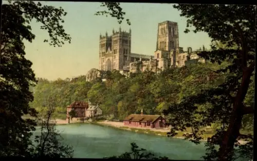 Ak Durham North East England, Durham Cathedral, Fluss, Bäume, Fotochrom