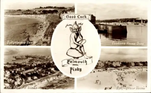 Ak Falmouth Cornwall England, Gyllyngvase Beach, Customs House Quay, Pisky, Strandansicht, 
