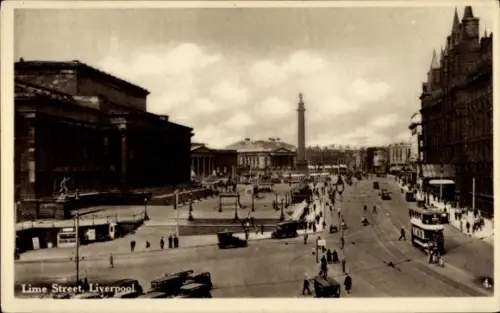 Ak Liverpool Merseyside England, Lime Street, Menschen, Straßenbahnen, Gebäude, Monument