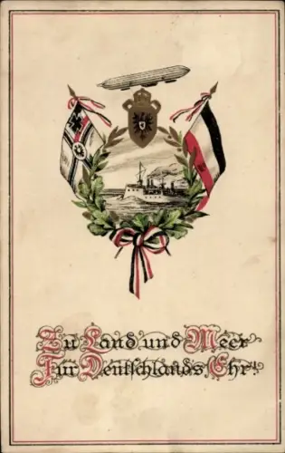 Präge Wappen Ak Kaiserliche Fahnen, Zeppelin, Kriegsschiff