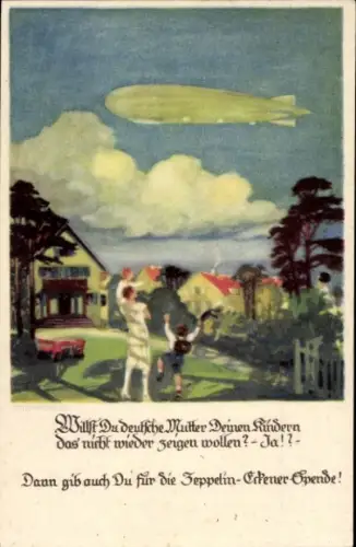 Künstler Ak Amtsberg, Otto, Deutsche Mutter zeigt Kindern Luftschiff, Zeppelin Eckener Spende