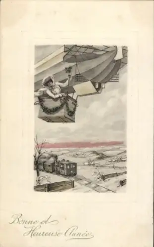 Präge Ak Glückwunsch Neujahr, Luftschiff, Eisenbahn