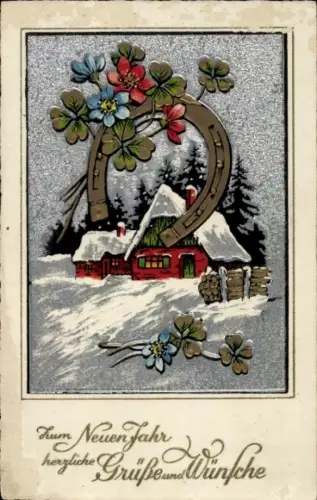 Ak Glückwunsch Neujahr, Dorfidyll, Kleeblatt, Hufeisen