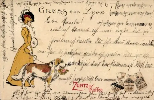 Litho Dame mit Hund, Zuntz Kaffee, Reklame