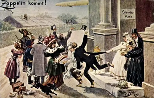 Künstler Ak Thiele, Arthur, Zeppelin kommt, Brautpaar vor dem Standesamt