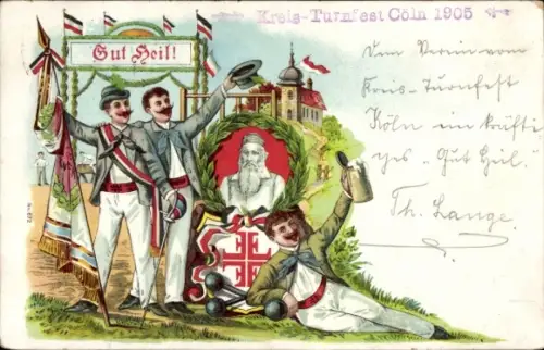 Litho Turnfest Köln 1905, Turner, Gut Heil, Turnvater Jahn