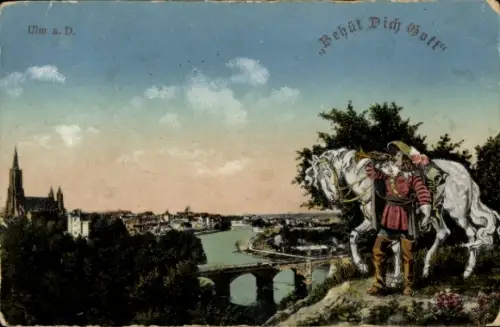 Ak Ulm an der Donau, Teilansicht, Trompeter mit Pferd
