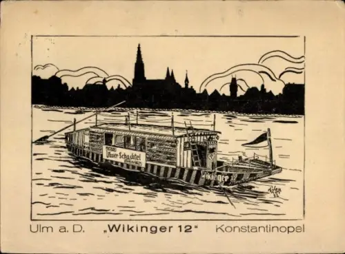 Künstler Ak Ulm an der Donau, Schiff Wikinger 12, Reklame Ulmer Schachtel, Ordinari, Konstantinopel