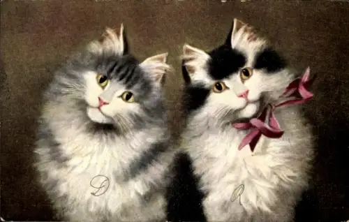 Künstler Ak Zwei Katzen, Schleifenband