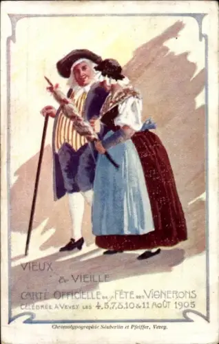 Künstler Ak Vevey Kt. Waadt Schweiz, Fete des Vignerons 1905, Vieux et Vieille