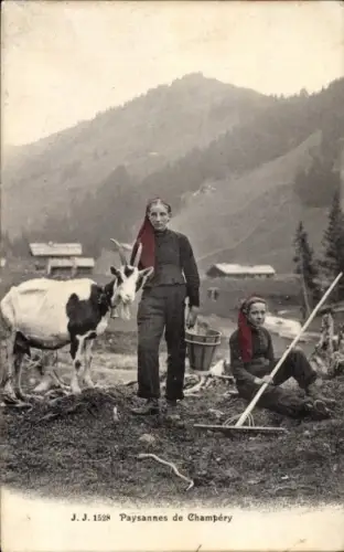 Ak Champéry Kanton Wallis, Paysannes, Bäuerinnen, Ziege