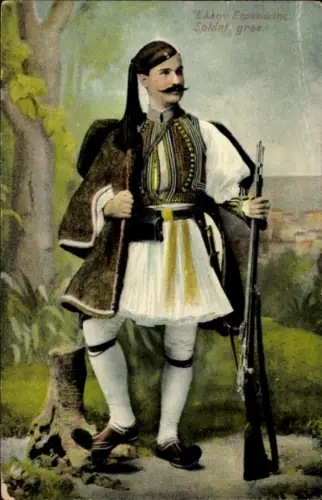 Ak Griechischer Soldat, Portrait, Mantel, Gewehr