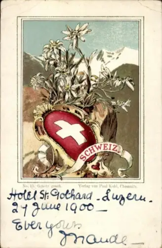 Wappen Ak Schweiz, Edelweiß und Berge, Verlag Paul Kohl Chemnitz, No. 10