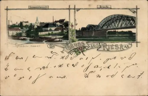 Ak Riesa an der Elbe Sachsen, Gesammtansicht, Brücke, GRUSS AUS RIESA