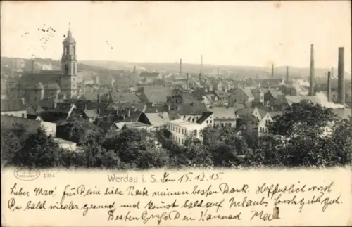 Ak Werdau in Sachsen, Stadtansicht  Fabriken, Kirche, 15.12.15