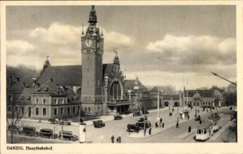 Ak Gdańsk Danzig, Danzig Hauptbahnhof,  Gebäude, Straßenverkehr, Tram