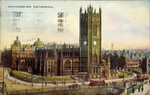 Ak Manchester England, Manchester Cathedral, Uhrturm, Straßenbahnen, 