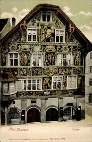 Ak Schaffhausen am Rhein Schweiz,  Künstlerische Fassade, Ritter, 