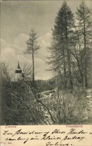 Ak Frauenkirch Davos Kanton Graubünden,  Frauenkirch, Baumlandschaft, Kirchturm