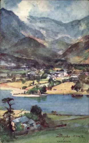Ak Coniston Cumbria England, Landschaft mit Bergen, See, Dörfchen,  aus Coniston