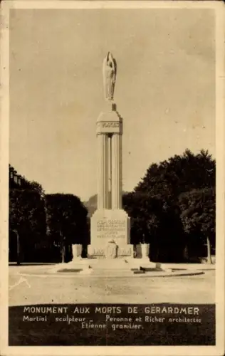 Ak Gérardmer Lothringen Vosges, Monument aux Morts, Statue,  Martial, Peronne, Richer, Etienne