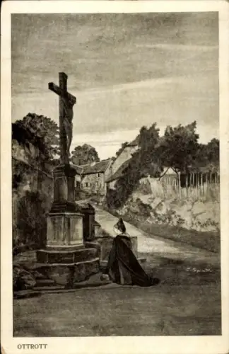 Ak Ottrott Elsass Bas Rhin, Kreuz, Frau in Trauerkleidung, ländliche Umgebung, Ort: Ottrott