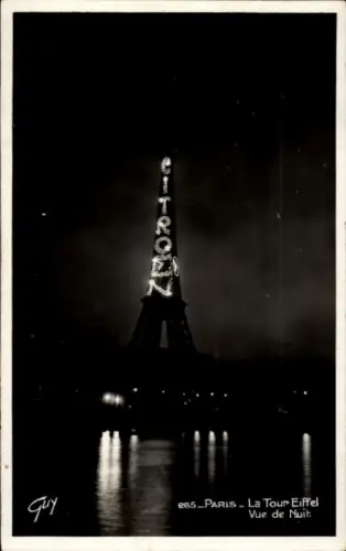 Ak Paris VII, Eiffelturm bei Nacht, Leuchtreklame Citroen