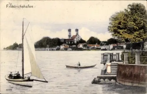 Ak Friedrichshafen am Bodensee, Teilansicht, Schloss, Segelboot