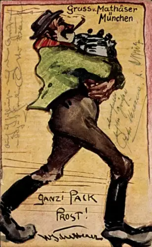 Künstler Ak Gruß vom Mathäser in München, Ganzi Pack Prost