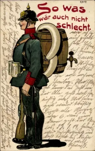 Litho So was wär auch nicht schlecht, Soldat, Ausrüstung mit Bierfass und Würsten, BB&OL 7377