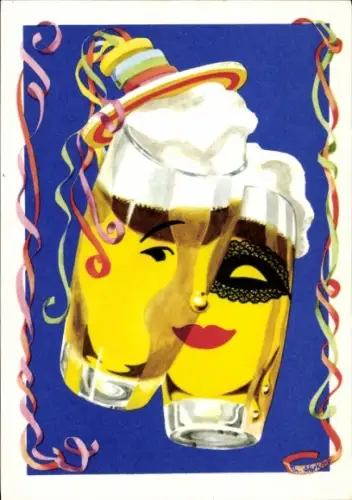 Künstler Ak Abeking, Thomas, Biergläser vermenschlicht, Karnevalskostüme, Maske, Kuss