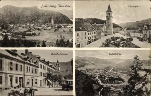 Ak Judenburg Steiermark, Gesamtansicht, Hauptplatz, Bahnhofstraße