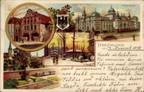 Litho Dortmund im Ruhrgebiet, Fredenbaum, Rathaus, Vehmlinde, Wappen