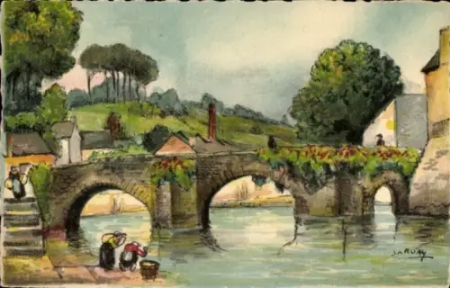 Ak Quimperlé Finistère, Brücke, Wasser, Bäume, Menschen, Malerei, SARUAY