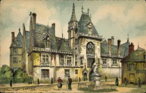 Ak Bourges Cher, Palais Jacques-Cour, Statue, Menschen, Zeichnung, Bourges