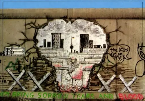 Ak Berlin Mitte, Alexanderplatz, Graffiti des Beriner Mauer, Illustration mit Trümmern, Schrif...