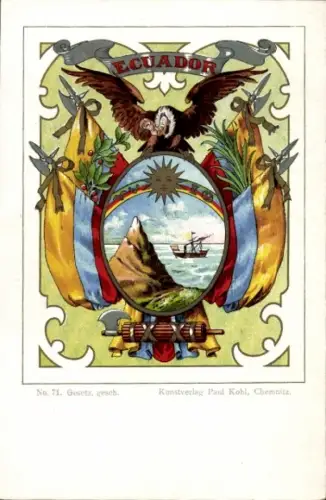 Wappen Litho Ecuador, Geier, Sonne, Regenbogen, Fahnen, Fascis, Verlag Paul Kohl Chemnitz Nr. 71