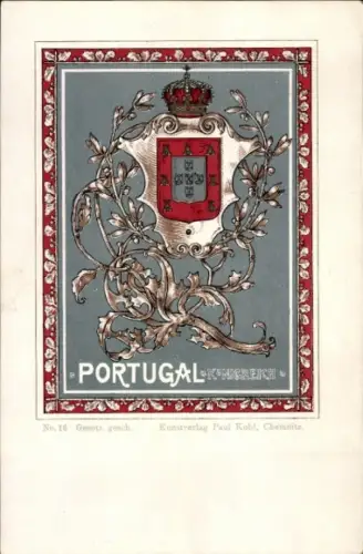 Wappen Litho Königreich Portugal, Paul Kohl Chemnitz No. 16