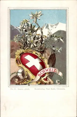 Wappen Litho Schweiz, Landeswappen, Edelweiß, Gebirge, Kunstverlag Paul Kohl Chemnitz, Nr. 10