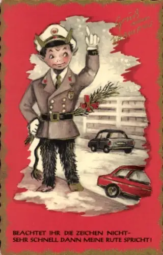 Künstler Ak Krampus als Polizist, Autos