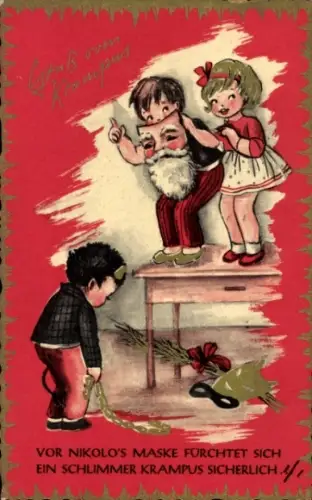 Künstler Ak Krampus, Kinder, Nikolos Maske