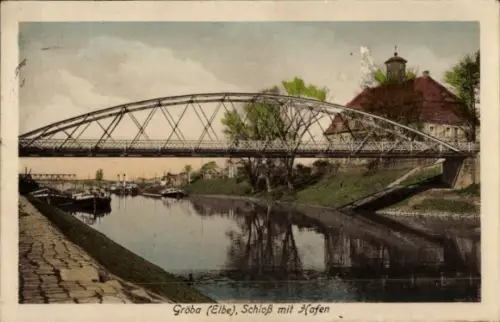 Ak Gröba Riesa an der Elbe Sachsen, Brücke, Schloss, Hafen, Wasser, Boote