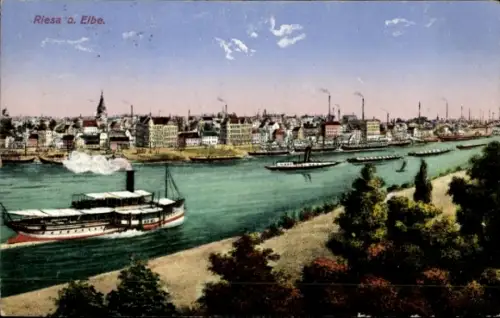 Ak Riesa an der Elbe Sachsen, Flusslandschaft, Dampfschiff, Stadtansicht, Riesa an der Elbe