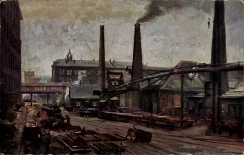 Künstler Ak Bollhagen, Otto, Essen, Friedrich Krupp AG, Gussstahlfabrik, Stammhaus, älteste Anlagen
