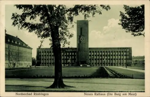 Ak Rüstringen Wilhelmshaven, Neues Rathaus, Nordseebad  Uhrturm, Rasenfläche