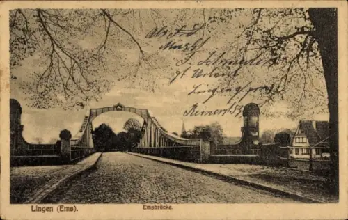 Ak Lingen im Emsland, Emsbrücke,  Straße, Bäume, 