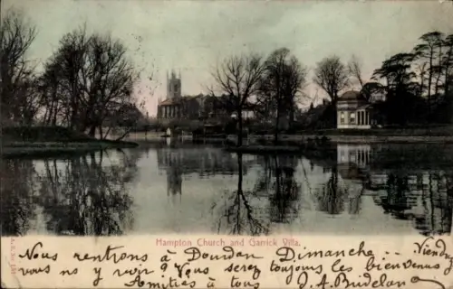 Ak Dourdan Essonne, Hampton Church, Garrick Villa, Wasserreflexion,  aus 1904