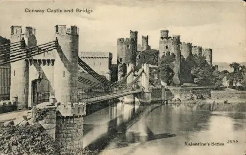 Ak Conway Conwy Wales, Conway Castle, Brücke, Schwarz-Weiß, Valentine’s Series