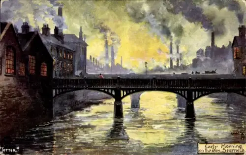 Künstler Ak Sheffield Yorkshire England, Gesamtansicht, Brücke, Fluss