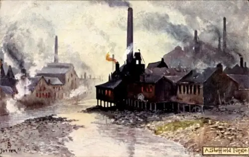 Ak Sheffield Yorkshire England, Sheffield Forge, Industriegebäude, Rauch, Fluss, JOTTER